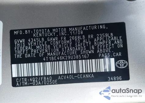2009 Toyota Camry Le from USA, damaged, VIN 4T1BE46K29U385167